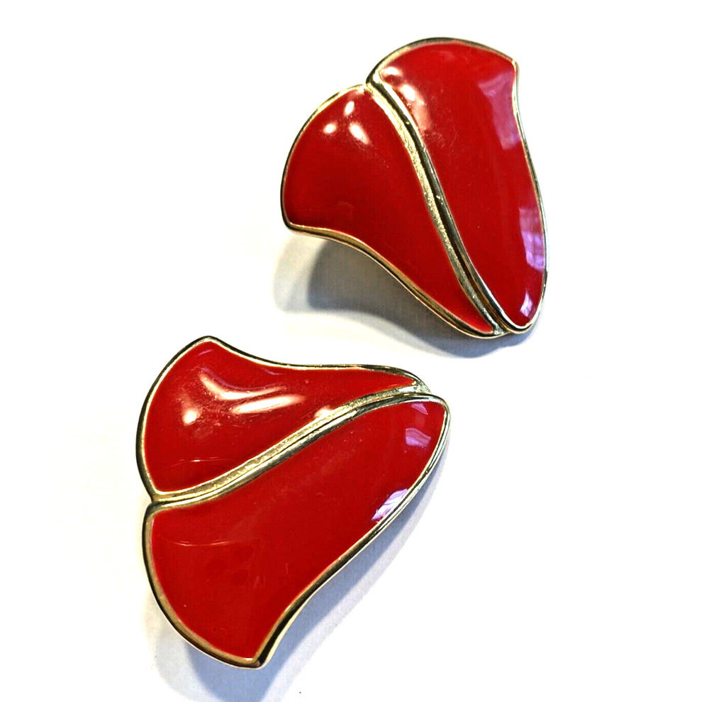 Vintage Clip On Earrings 1980's Chunky Goldtone & Red Enamel Shapely Boss Lady